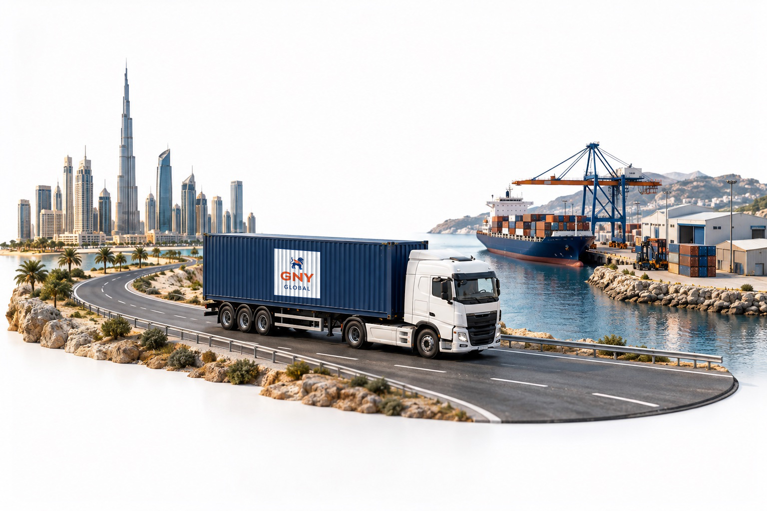 Concept illustration of road freight from Dubai to Mersin with a container truck and port